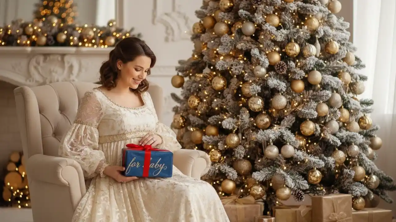 ایده‌ی ژست بارداری با هدیه‌های کریسمس