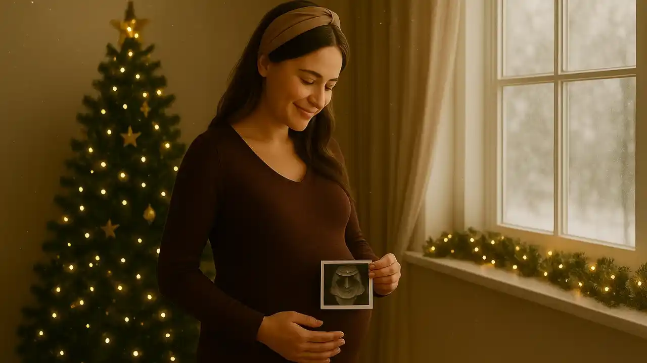 ایده‌ی عکاسی بارداری در خانه با تم درخت کریسمس