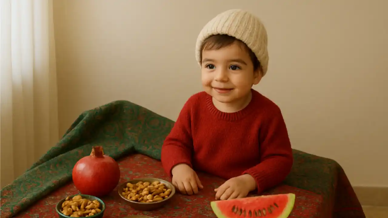 عکس کودک با کرسی و تم یلدایی