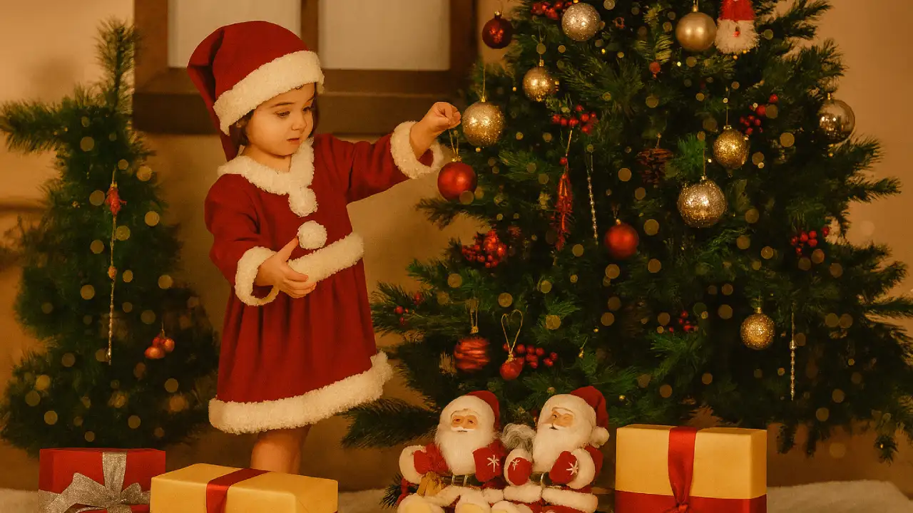 عکس کودک با درخت کریسمس