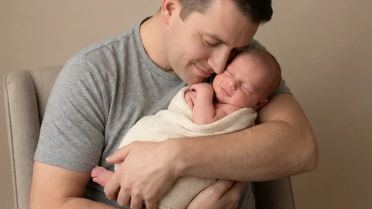 ایده‌ی نشستن پدر رو صندلی و بغل کردن نوزاد