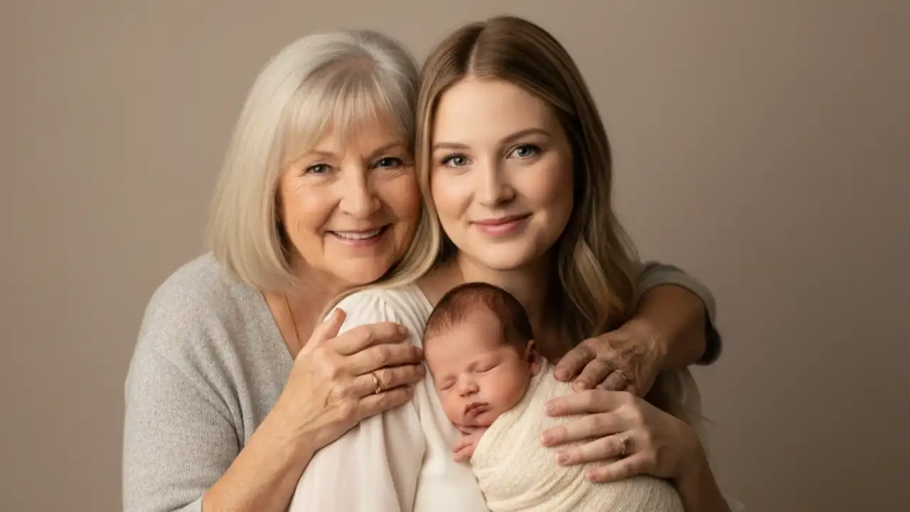 ژست عکس نوزاد و مادر با مادربزرگ در آتلیه