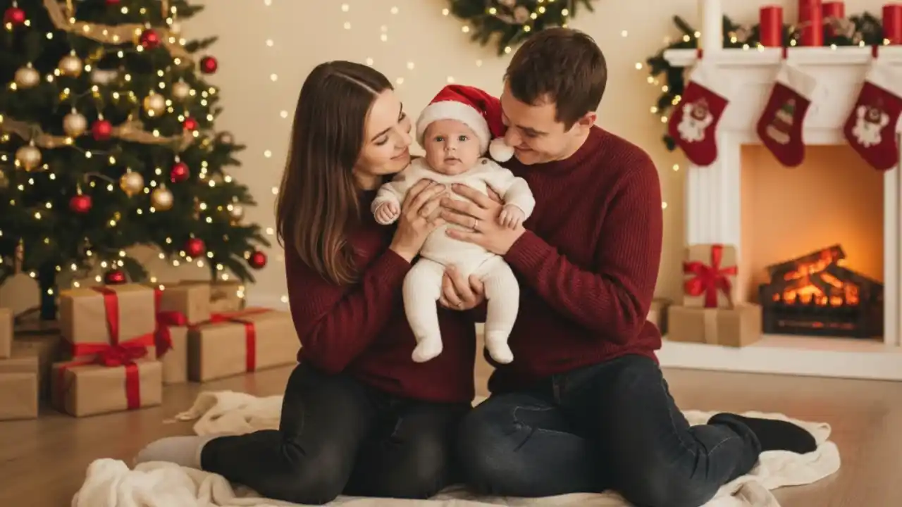 ایده‌ی عکس خانوادگی با نوزاد در کریسمس