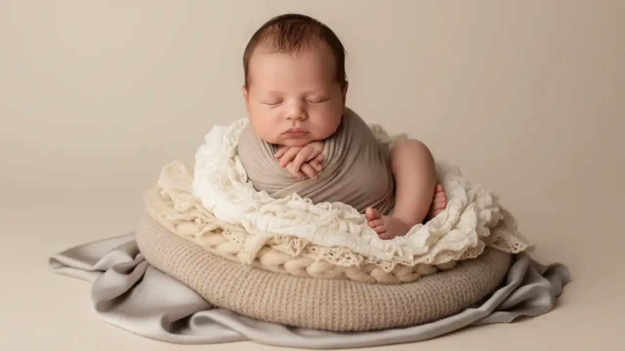 ایده عکاسی نوزاد در آتلیه با استفاده از رنگ‌های خنثی