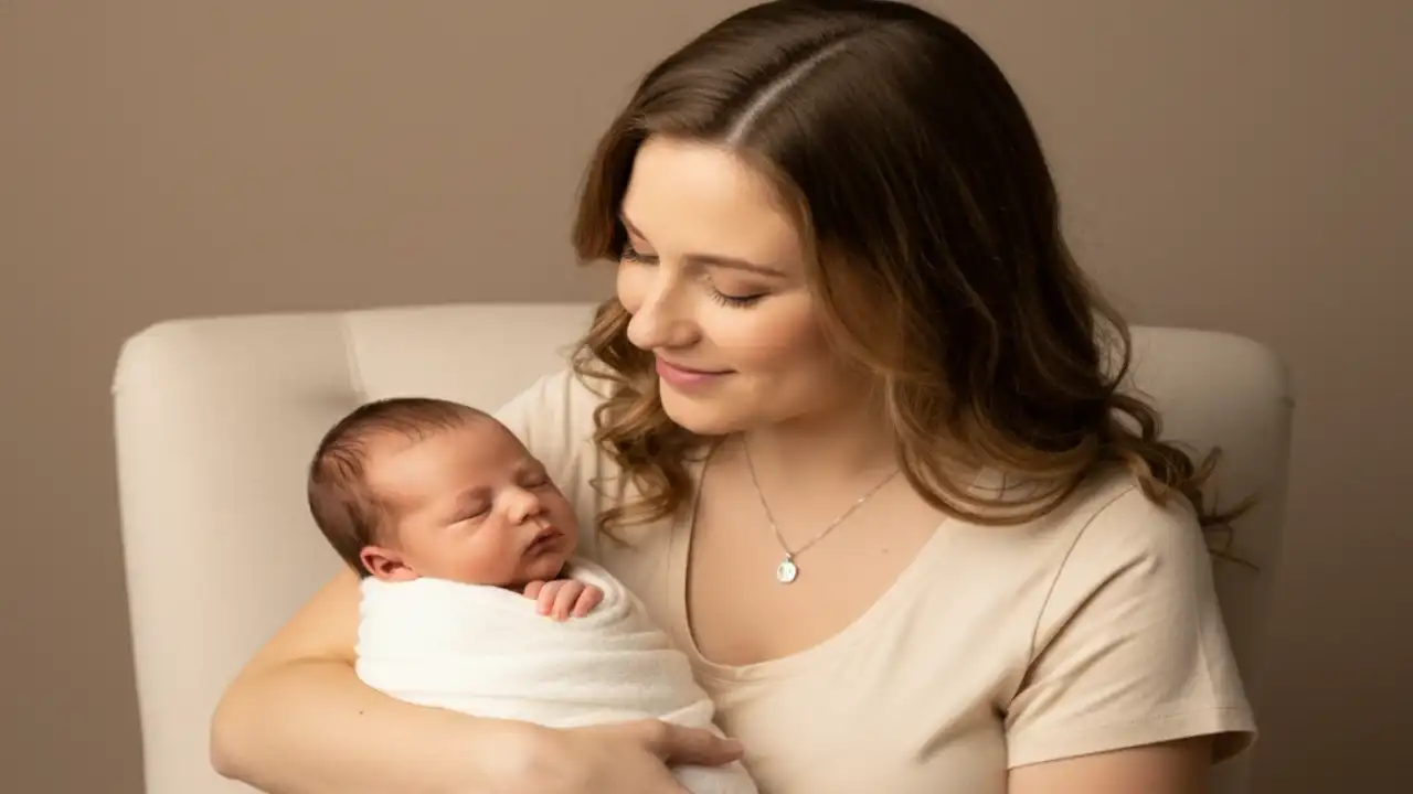 ژست نشسته‌ی مادر با نوزاد در آغوش